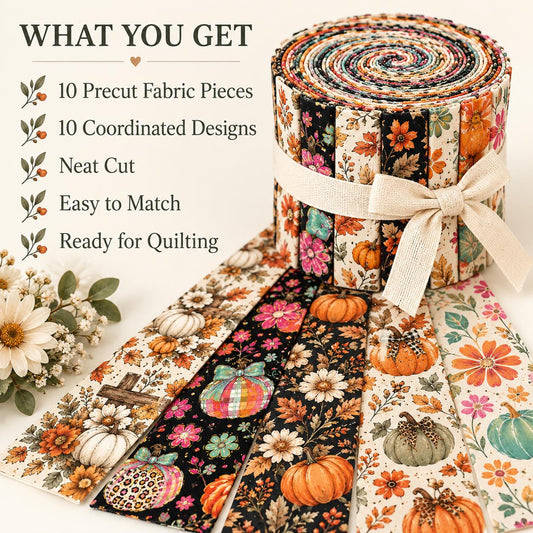 10pcs Vintage Floral Pumpkin Autumn Pattern Jelly Roll Fabric Strips 2.5X19.7inch Pre-Cut 100% Polyester For Patchwork Quilts, Table Runners, Placemats, Tote Bags, Storage Pouches, Makeup Bags, Coasters, Quilt Blocks & Binding