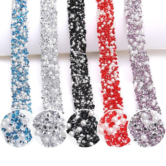 1Yard Self-Adhesive Faux Pearl Rhinestone Ribbon Roll,1.2cm Width Iron On Decorative Trim Tape,for Clothing, Bags, Hats, Shoes, Glue, Drill, Handmade DIY Arts, Crafts & Sewing Accessories
