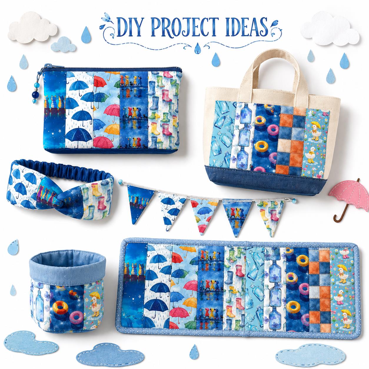 10Pc/Set, Making 10 Images 1pc Each, Each Size: 6.3*50cm Cat Bottle Raining Umbrella Blue Series Sliced Fabric Set Style Combination, Polyester Jelly Roll Fabric Strips, Pre-Cut Quilting Squares, For Quilting DIY, Handicrafts And Sewing, Blankets, Rugs