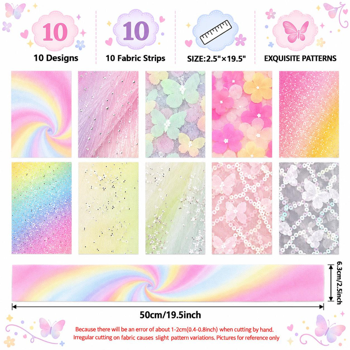 10pcs Vintage Butterfly Mesh Gauze Lace Series Jelly Roll Fabric Strips 2.5X19.7inch Pre-cut 100% Polyester for Patchwork Quilts, Table Runners, Placemats, Tote Bags, Storage Pouches, Makeup Bags, Coasters, Quilt Blocks & Binding Multi-color