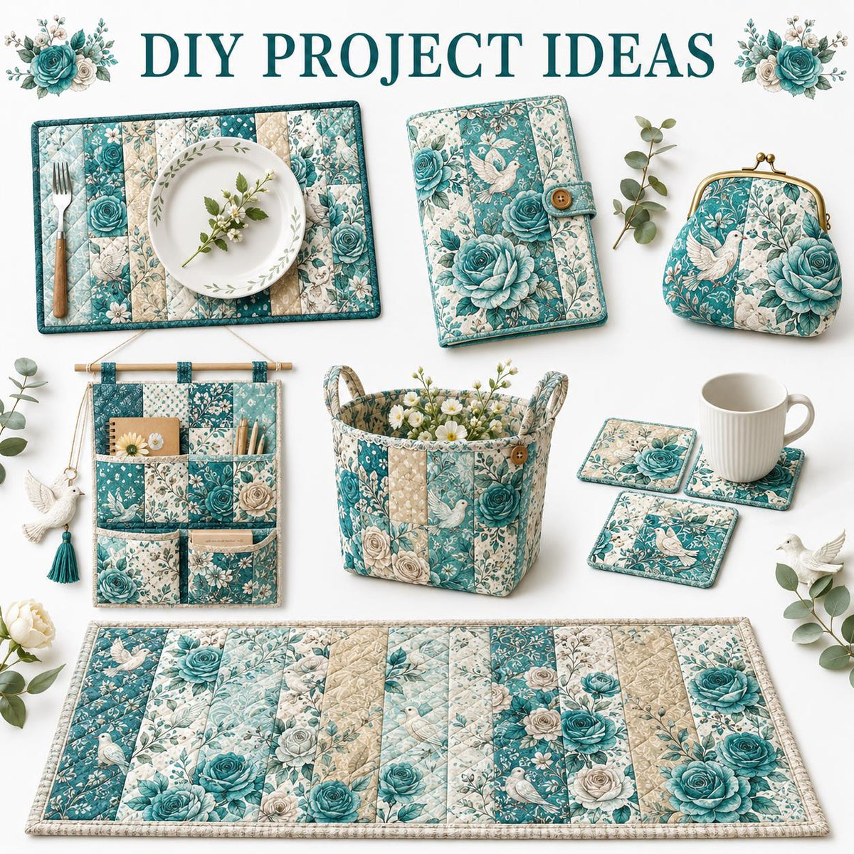 10pcs Vintage Blue Floral Burgundy Pattern Jelly Roll Fabric Strips 2.5X19.7inch Pre-Cut 100% Polyester For Patchwork Quilts, Table Runners, Placemats, Tote Bags, Storage Pouches, Makeup Bags, Coasters, Quilt Blocks & Binding