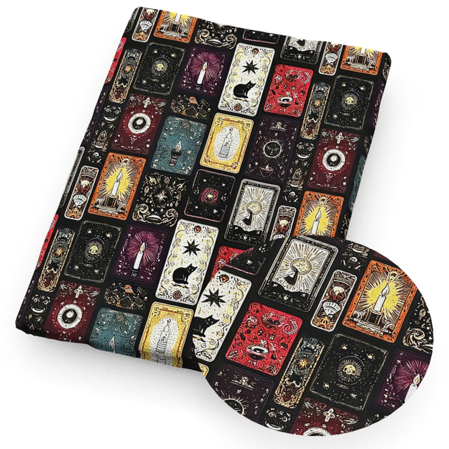 plaid grid cat moon candles star starfish tarot card fabric