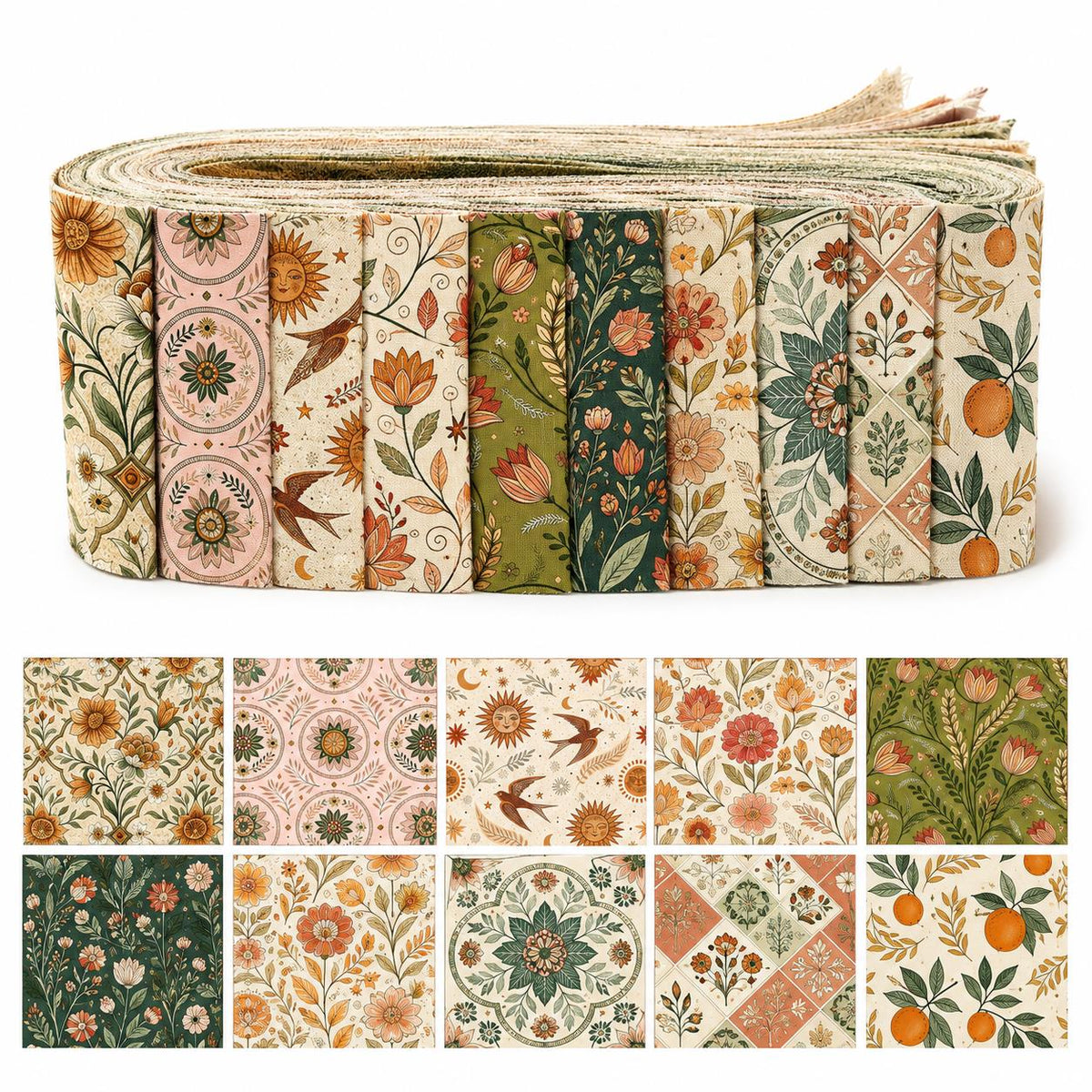 10pcs Vintage Floral Pattern Jelly Roll Fabric Strips 2.5X19.7inch Pre-Cut 100% Polyester For Patchwork Quilts, Table Runners, Placemats, Tote Bags, Storage Pouches, Makeup Bags, Coasters, Quilt Blocks & Binding