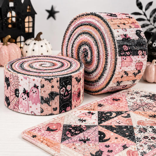10pcs Vintage Ghost Skull Pumpkin Halloween Theme Jelly Roll Fabric Strips 2.5X19.7inch Pre-Cut 100% Polyester For Patchwork Quilts, Table Runners, Placemats, Tote Bags, Storage Pouches, Makeup Bags, Coasters, Quilt Blocks & Binding