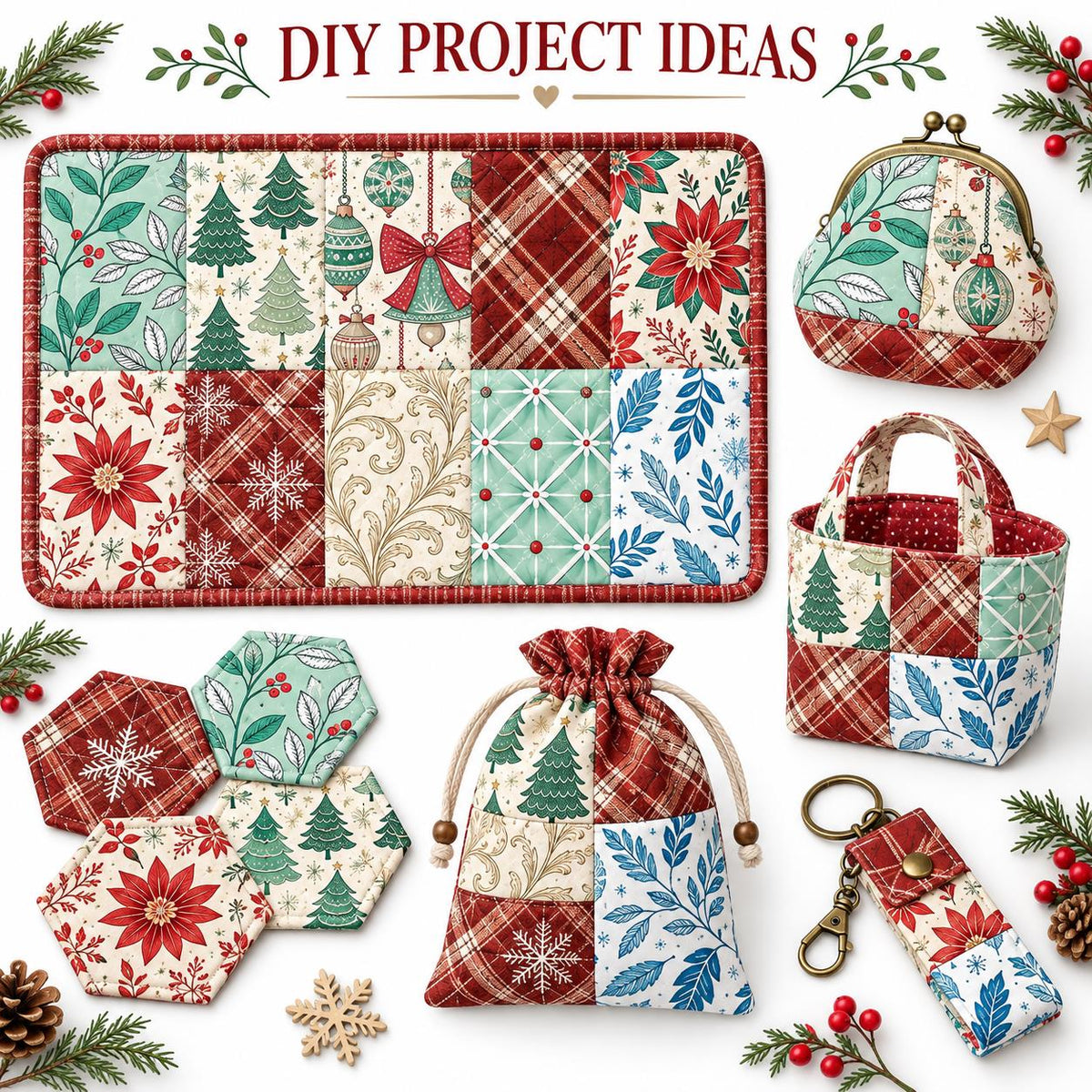 10Pc/Set Christmas Flower Series Plaid Tree Bell Fat Quarter Fabric, Pre-Cut Square Fabric Assort, Fabric Set, Craft Fabric, Handmade DIY Patchwork Fabric,Home Quilting Sewing Fabric, Packaging Fabric, Scrapbooking Craft Hobbyist