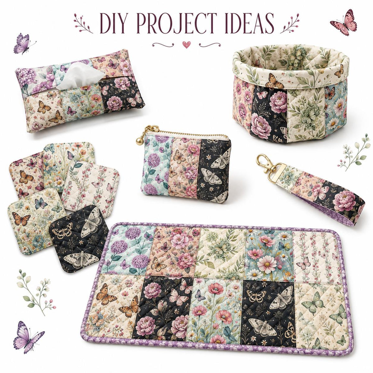 10Pc/Set Flower Series Rose Butterfly Fat Quarter Fabric, Pre-Cut Square Fabric Assort, Fabric Set, Craft Fabric, Handmade DIY Patchwork Fabric,Home Quilting Sewing Fabric, Packaging Fabric, Scrapbooking Craft Hobbyist