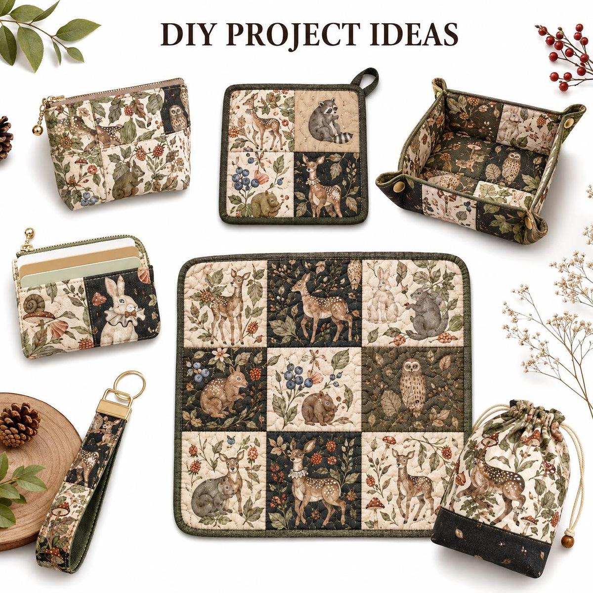 10pcs Charm Pack Set Deer Owl Animal Floral Pattern 100% Polyester Patchwork in 10 Design Styles, Ready-to-Sew Without Cutting, Suitable For Patchwork Wallet Making Gift Giving Tote Bags Coasters DIY Craft Projects Christmas Gift
