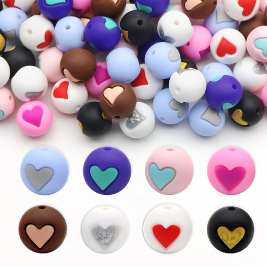 5Pcs 15mm Festive Silicone Beads Love Heart Pattern Round Shaped Focal Beads Loose Spacer Beads for DIY Jewelry Making Accessories DIY Bracelet Necklace Chain Earrings Charm Bangle Decors Craft Pen Supplies