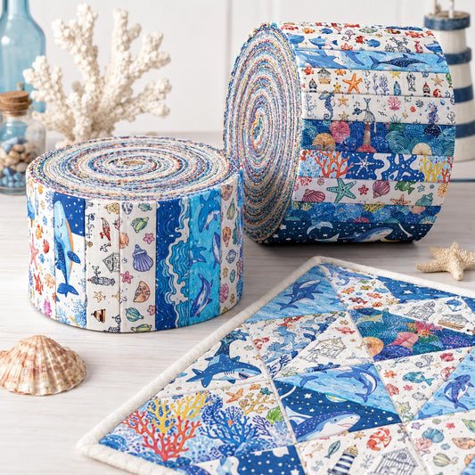 10pcs Vintage Fish Shark Shell Ocean Theme Jelly Roll Fabric Strips 2.5X19.7inch Pre-Cut 100% Cotton For Patchwork Quilts, Table Runners, Placemats, Tote Bags, Storage Pouches, Makeup Bags, Coasters, Quilt Blocks & Binding