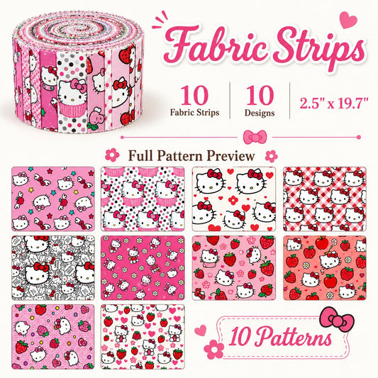 10pcs Vintage Kuromi Hello Kitty Halloween Pattern Jelly Roll Fabric Strips 2.5X19.7inch Pre-cut 100% Polyester for Patchwork Quilts, Table Runners, Placemats, Tote Bags, Storage Pouches, Makeup Bags, Coasters, Quilt Blocks & Binding