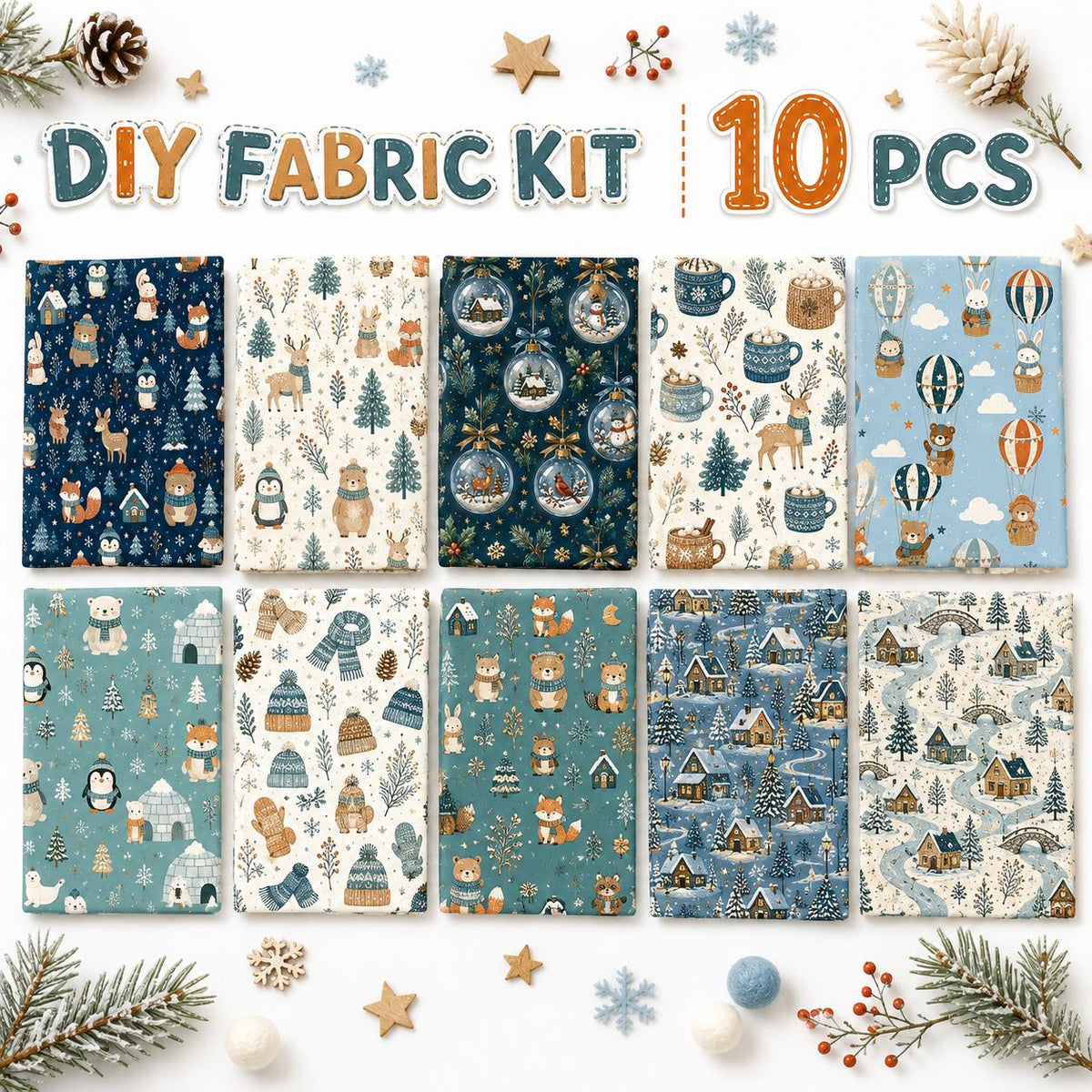 10Pc/Set Christmas Series Heart Star Rabbit Deer Fox Penguin Bear Holly Pinecones Seal Fire Balloon Fat Quarter Fabric, Pre-Cut Square Fabric Assort, Fabric Set, Craft Fabric, Handmade DIY Patchwork Fabric,Home Quilting Sewing Fabric, Packaging Fabric, Sc
