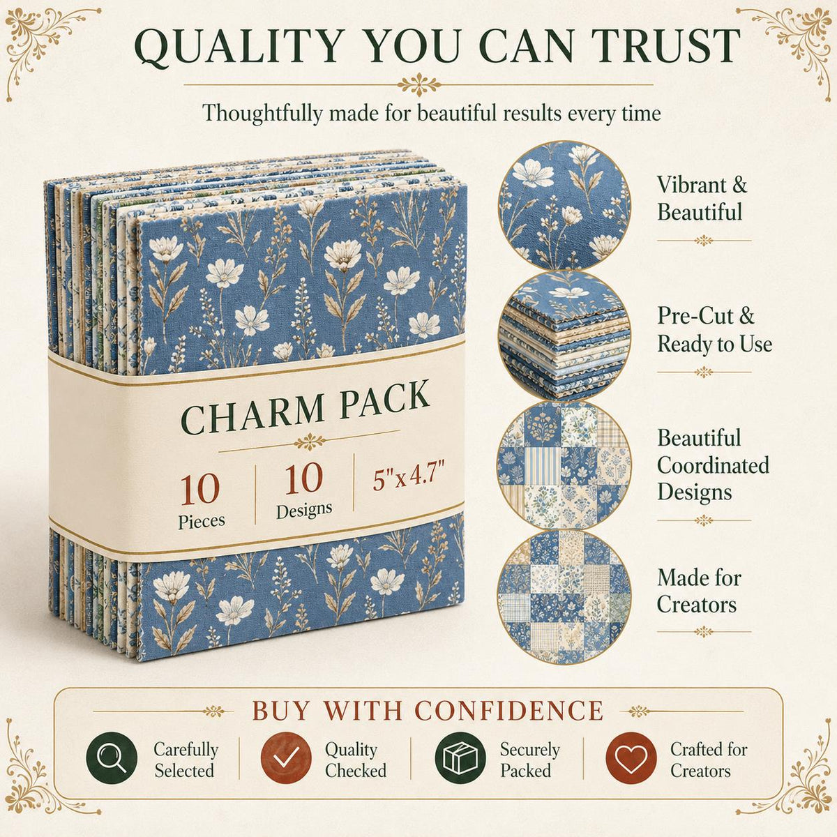 10pcs Charm Pack Set Floral Pattern Vintage Style Handmade DIY with Rich Color and Texture Elements 100% Polyester Patchwork in 10 Design Styles Suitable for Patchwork DIY Craft Projects DIY Wallet Making Gift Giving Bag Making Mother's Day Gift