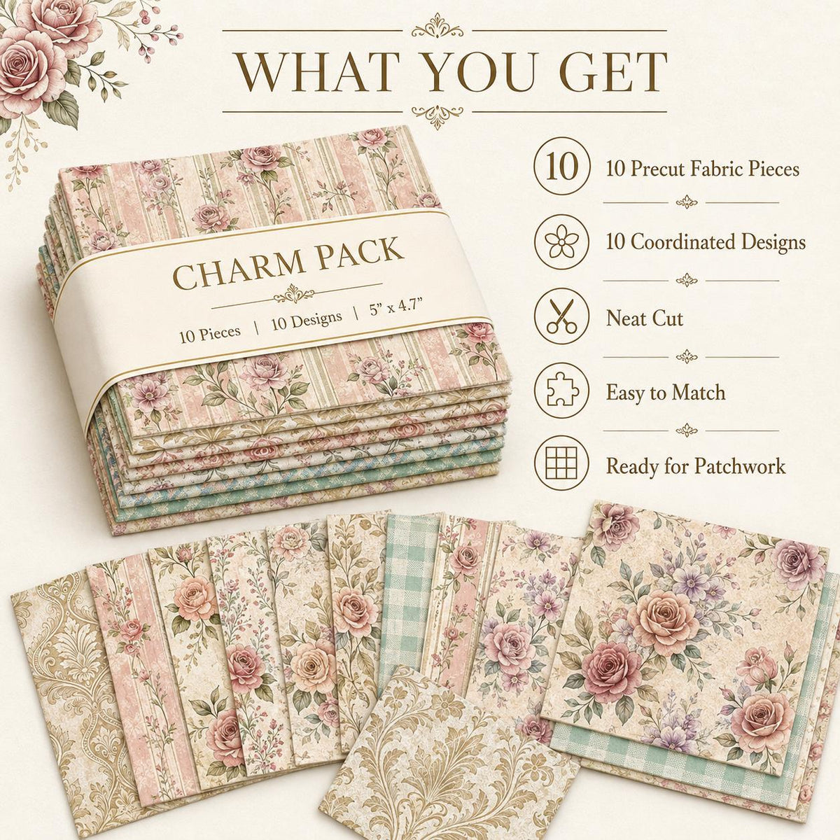 10pcs Charm Pack Set Floral Pattern Vintage Style Handmade DIY with Rich Color and Texture Elements 100% Polyester Patchwork in 10 Design Styles Suitable for Patchwork DIY Craft Projects DIY Wallet Making Gift Giving Bag Making Mother's Day Gift