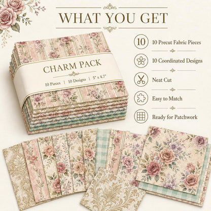 10pcs Charm Pack Set Floral Pattern Vintage Style Handmade DIY with Rich Color and Texture Elements 100% Polyester Patchwork in 10 Design Styles Suitable for Patchwork DIY Craft Projects DIY Wallet Making Gift Giving Bag Making Mother's Day Gift