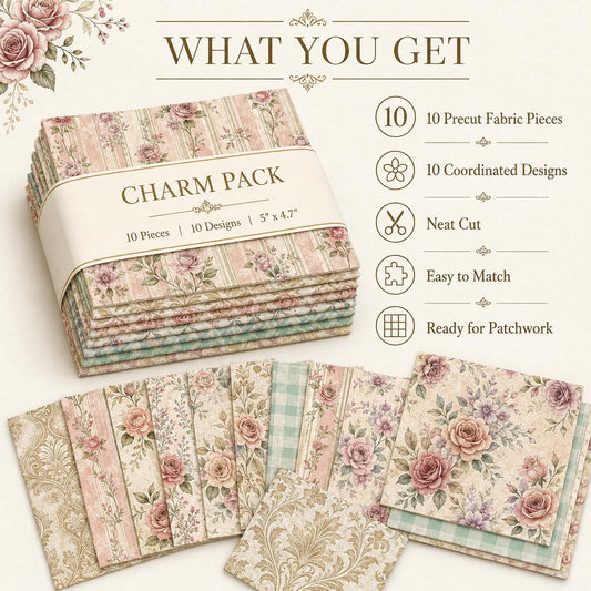 10pcs Charm Pack Set Floral Pattern Vintage Style Handmade DIY with Rich Color and Texture Elements 100% Polyester Patchwork in 10 Design Styles Suitable for Patchwork DIY Craft Projects DIY Wallet Making Gift Giving Bag Making Mother's Day Gift