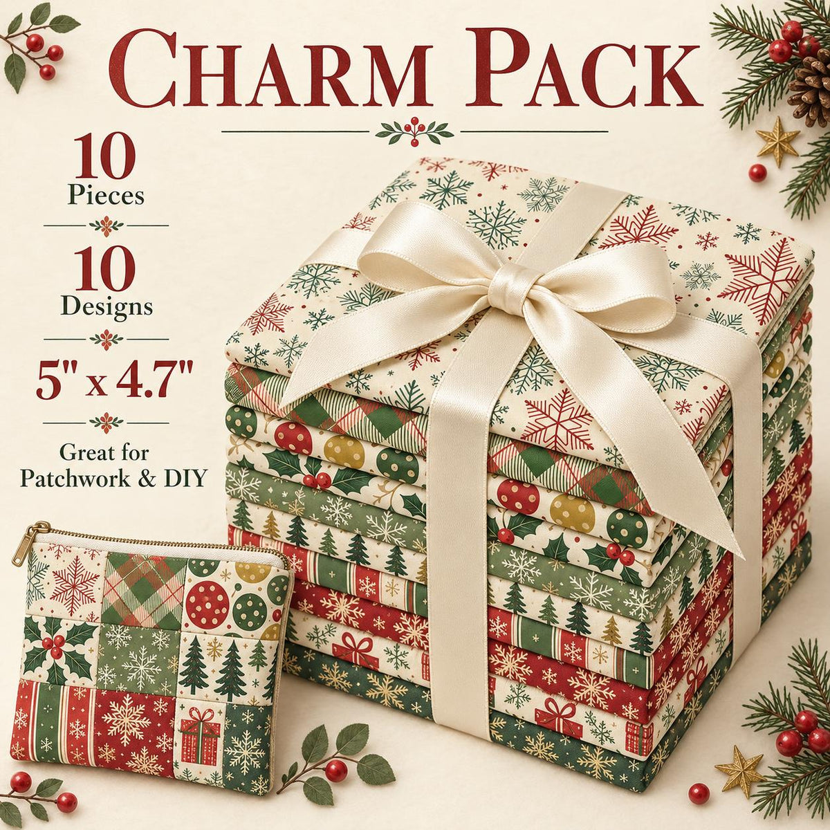 10Pc/Set Christmas Series Stripe Plaid Tree Gift Fat Quarter Fabric, Pre-Cut Square Fabric Assort, Fabric Set, Craft Fabric, Handmade DIY Patchwork Fabric,Home Quilting Sewing Fabric, Packaging Fabric, Scrapbooking Craft Hobbyist