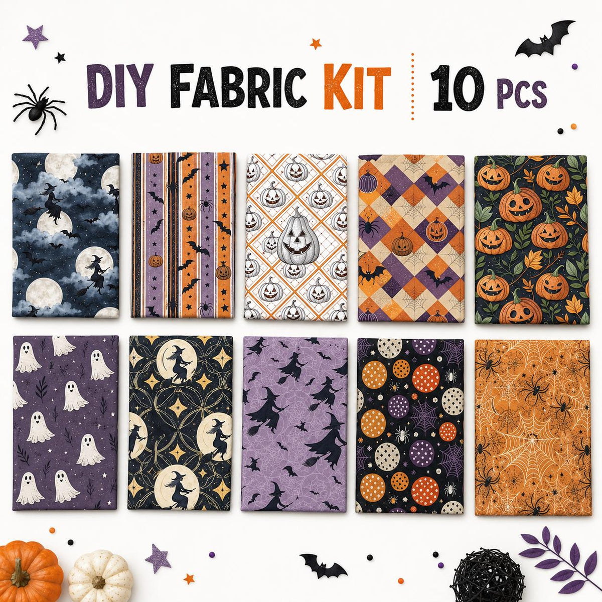 10Pc/Set Halloween Series Skull Pumpkin Bat Dot Stripe Star Fat Quarter Fabric, Pre-Cut Square Fabric Assort, Fabric Set, Craft Fabric, Handmade DIY Patchwork Fabric,Home Quilting Sewing Fabric, Packaging Fabric, Scrapbooking Craft Hobbyist