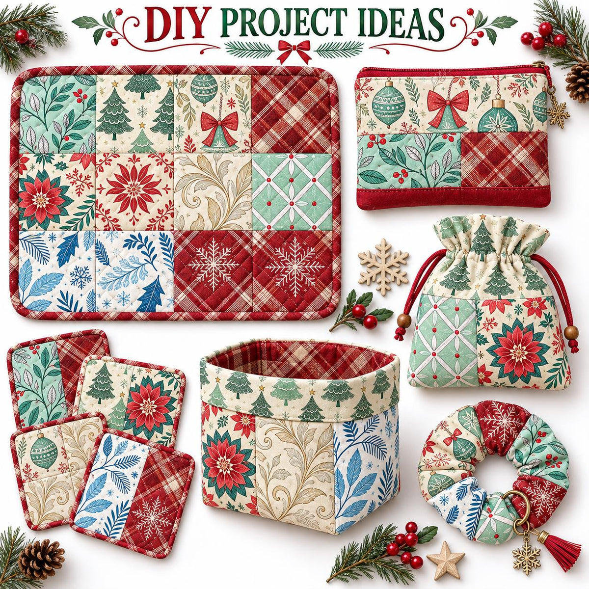 10Pc/Set Christmas Flower Series Plaid Tree Bell Fat Quarter Fabric, Pre-Cut Square Fabric Assort, Fabric Set, Craft Fabric, Handmade DIY Patchwork Fabric,Home Quilting Sewing Fabric, Packaging Fabric, Scrapbooking Craft Hobbyist