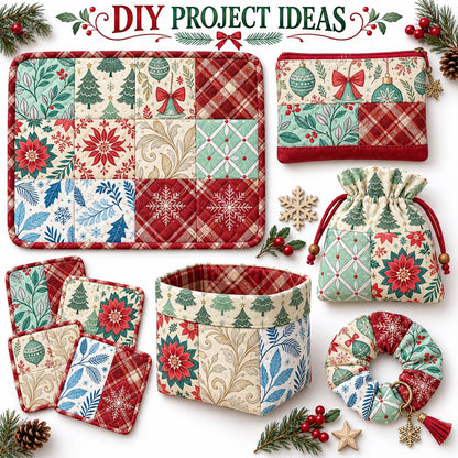 10Pc/Set Christmas Flower Series Plaid Tree Bell Fat Quarter Fabric, Pre-Cut Square Fabric Assort, Fabric Set, Craft Fabric, Handmade DIY Patchwork Fabric,Home Quilting Sewing Fabric, Packaging Fabric, Scrapbooking Craft Hobbyist