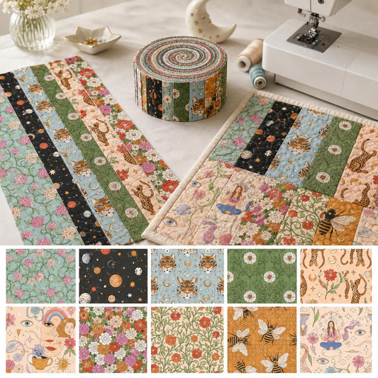 10pcs Vintage Floral Bee Tiger Pattern Jelly Roll Fabric Strips 2.5X19.7inch Pre-Cut 100% Polyester For Patchwork Quilts, Table Runners, Placemats, Tote Bags, Storage Pouches, Makeup Bags, Coasters, Quilt Blocks & Binding