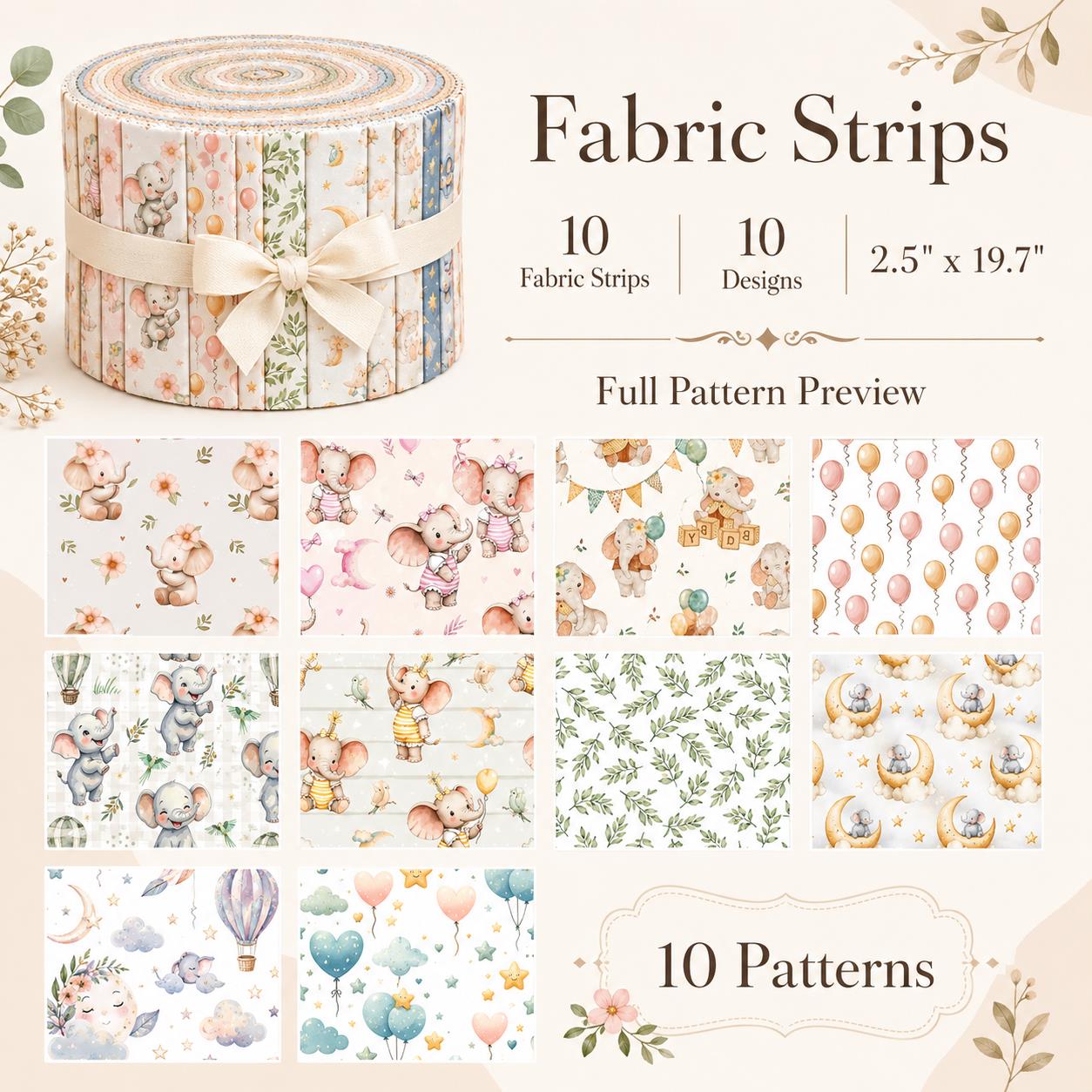 10pcs Vintage Elephant Pattern Jelly Roll Fabric Strips 2.5X19.7inch Pre-cut 100% Polyester for Patchwork Quilts, Table Runners, Placemats, Tote Bags, Storage Pouches, Makeup Bags, Coasters, Quilt Blocks & Binding