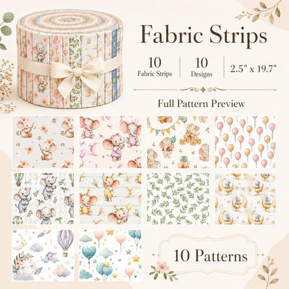 10pcs Vintage Elephant Pattern Jelly Roll Fabric Strips 2.5X19.7inch Pre-cut 100% Polyester for Patchwork Quilts, Table Runners, Placemats, Tote Bags, Storage Pouches, Makeup Bags, Coasters, Quilt Blocks & Binding