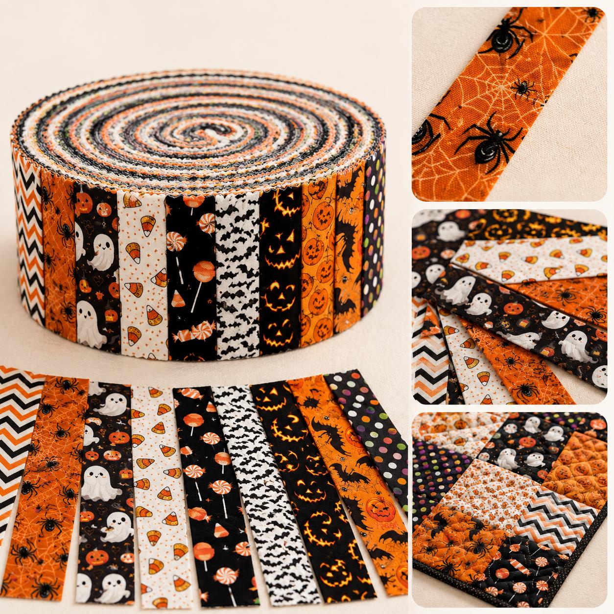 10Pc/Set, Making 10 Images 1pc Each, Each Size: 6.3*50cm Candy Pumpkin Bat Ghost Halloween Series Sliced Fabric Set Style Combination, Polyester Jelly Roll Fabric Strips, Pre-Cut Quilting Squares, For Quilting DIY, Handicrafts And Sewing, Blankets, Rugs