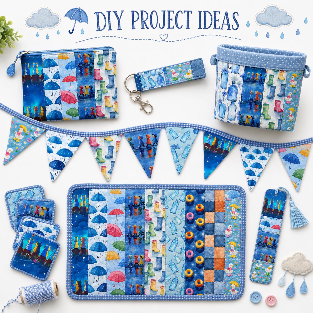 10Pc/Set, Making 10 Images 1pc Each, Each Size: 6.3*50cm Cat Bottle Raining Umbrella Blue Series Sliced Fabric Set Style Combination, Polyester Jelly Roll Fabric Strips, Pre-Cut Quilting Squares, For Quilting DIY, Handicrafts And Sewing, Blankets, Rugs