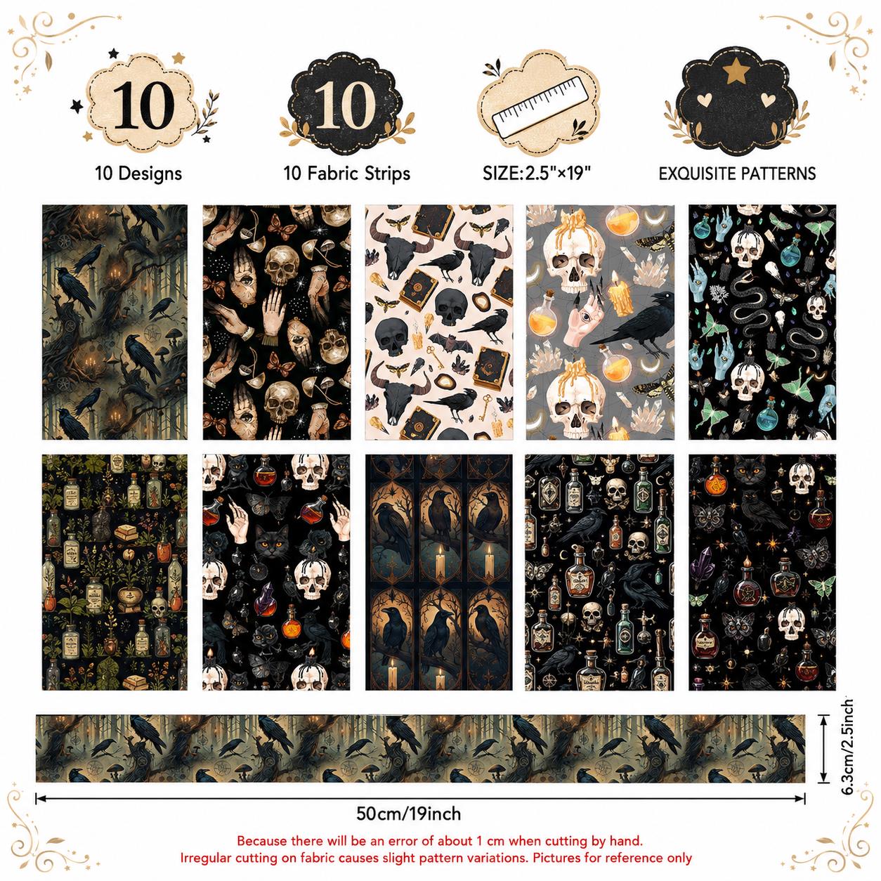 10pcs Vintage Skull Crow Black Pattern Jelly Roll Fabric Strips 2.5X19.7inch Pre-cut 100% Polyester for Patchwork Quilts, Table Runners, Placemats, Tote Bags, Storage Pouches, Makeup Bags, Coasters, Quilt Blocks & Binding