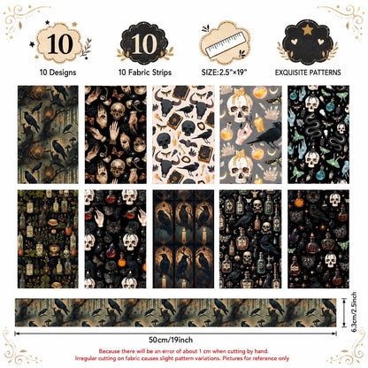 10pcs Vintage Skull Crow Black Pattern Jelly Roll Fabric Strips 2.5X19.7inch Pre-cut 100% Polyester for Patchwork Quilts, Table Runners, Placemats, Tote Bags, Storage Pouches, Makeup Bags, Coasters, Quilt Blocks & Binding
