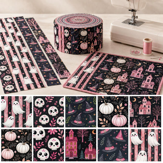 10pcs Vintage Pumpkin Ghost Halloween Theme Jelly Roll Fabric Strips 2.5X19.7inch Pre-Cut 100% Polyester For Patchwork Quilts, Table Runners, Placemats, Tote Bags, Storage Pouches, Makeup Bags, Coasters, Quilt Blocks & Binding