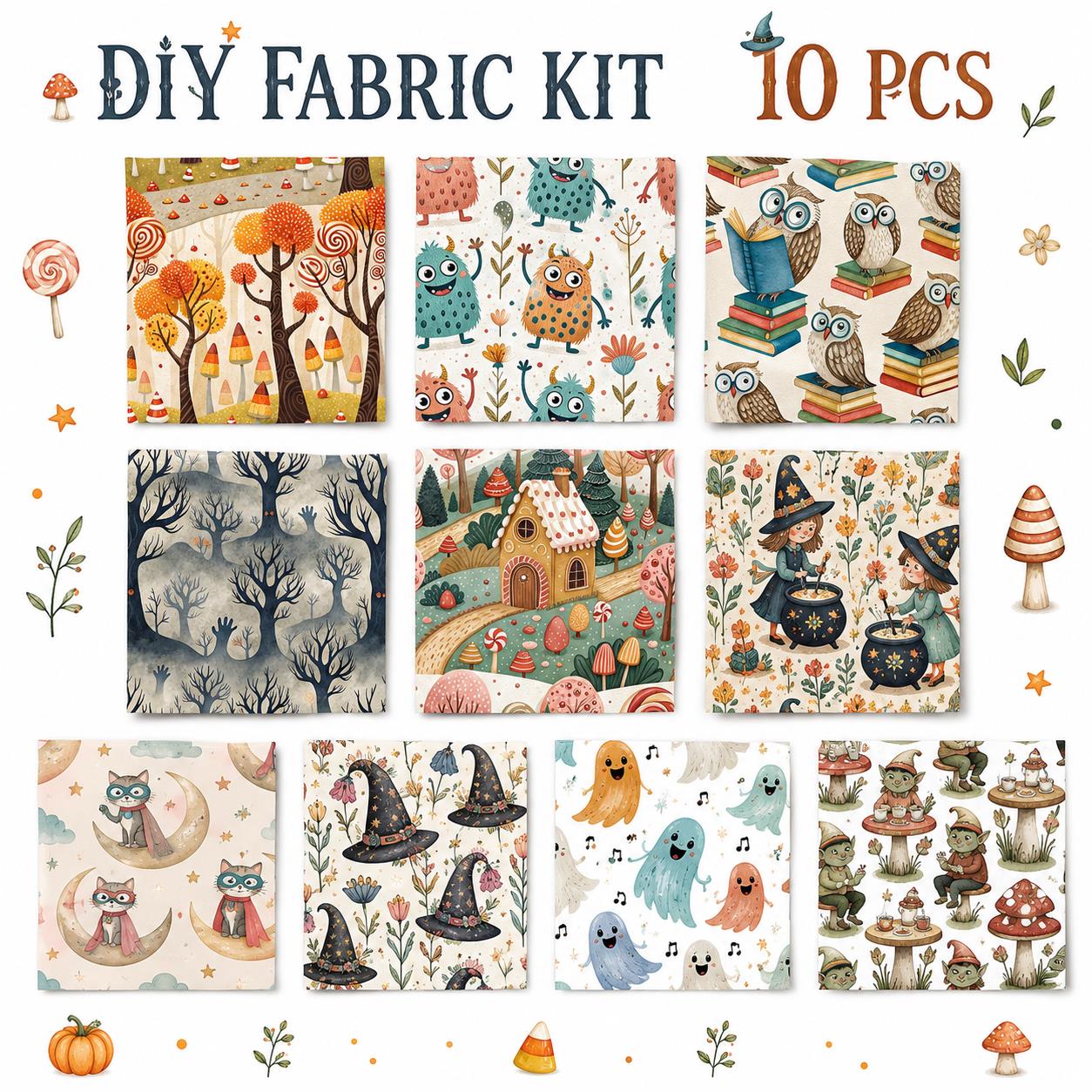 10Pc/Set Halloween Series Flower Owl Skull Pumpkin Witch Mushroom Cat Fat Quarter Fabric, Pre-Cut Square Fabric Assort, Fabric Set, Craft Fabric, Handmade DIY Patchwork Fabric,Home Quilting Sewing Fabric, Packaging Fabric, Scrapbooking Craft Hobbyist