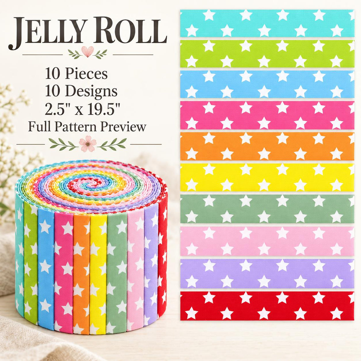 10pcs Vintage Star Pattern Jelly Roll Fabric Strips 2.5X19.7inch Pre-cut 100% Polyester for Patchwork Quilts, Table Runners, Placemats, Tote Bags, Storage Pouches, Makeup Bags, Coasters, Quilt Blocks & Binding