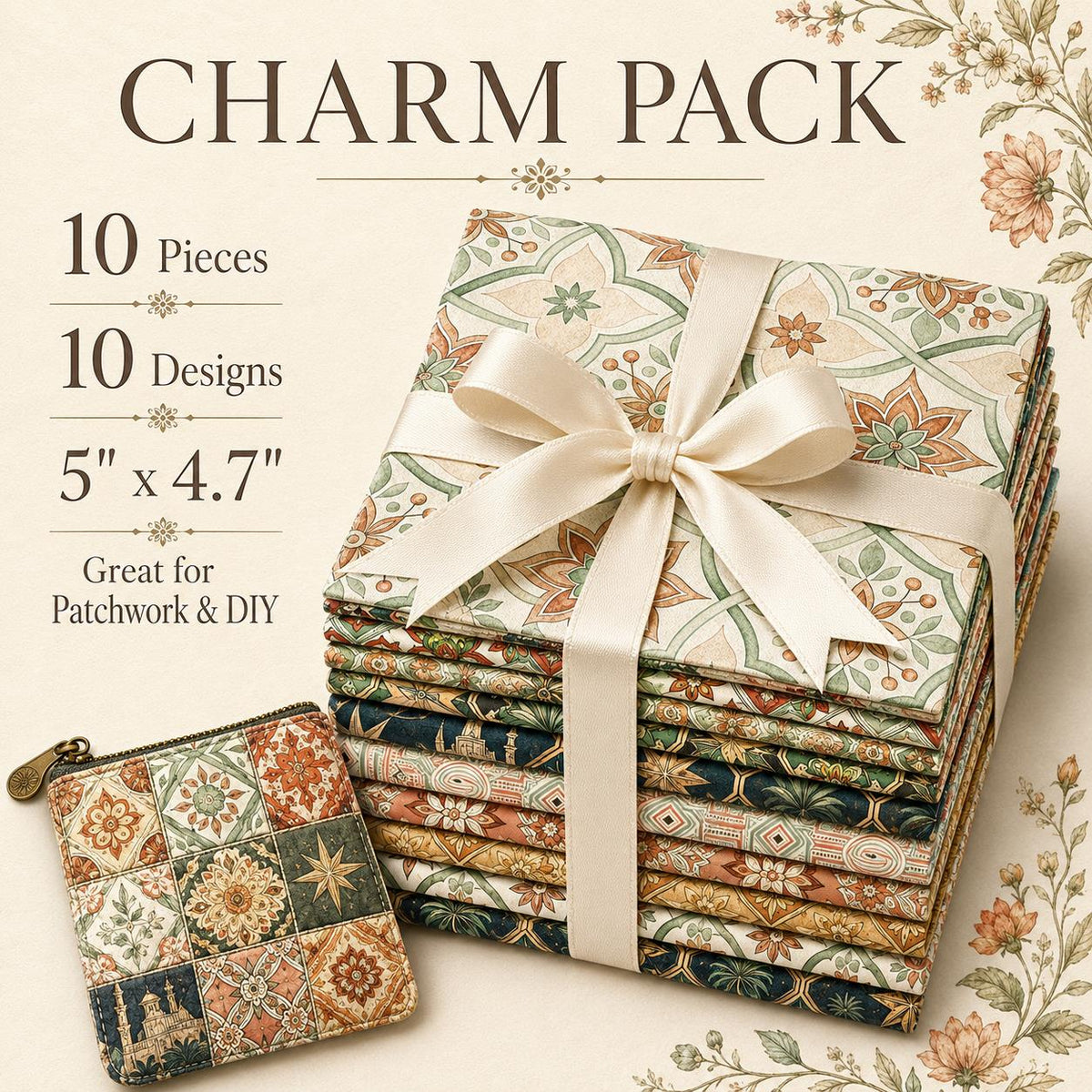 10pcs Charm Pack Set Geometric Floral Pattern 100% Polyester Patchwork in 10 Design Styles, Ready-to-Sew Without Cutting, Suitable For Patchwork Wallet Making Gift Giving Tote Bags Coasters DIY Craft Projects