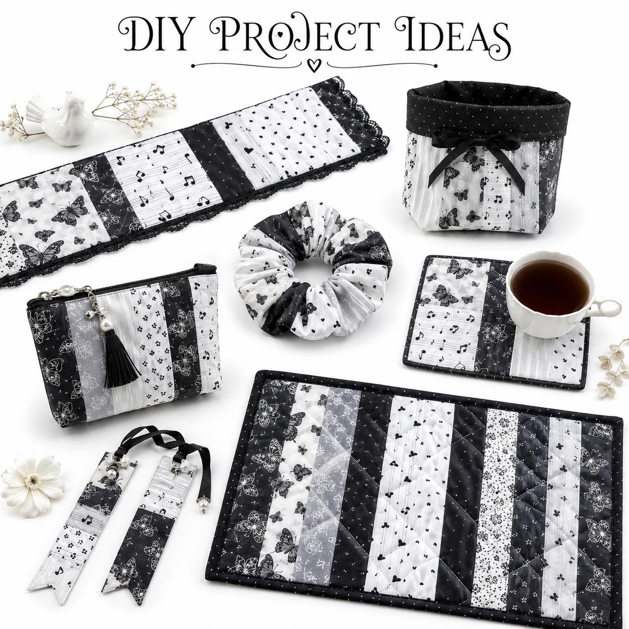 10Pc/Set, Making 10 Images 1pc Each, Each Size: 6.3*50cm Butterfly Floral Heart Black and White Series Sliced Fabric Set Style Combination, Polyester Jelly Roll Fabric Strips, Pre-Cut Quilting Squares, For Quilting DIY, Handicrafts And Sewing, Blankets