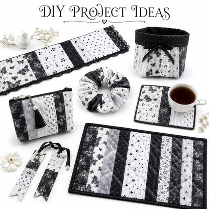 10Pc/Set, Making 10 Images 1pc Each, Each Size: 6.3*50cm Butterfly Floral Heart Black and White Series Sliced Fabric Set Style Combination, Polyester Jelly Roll Fabric Strips, Pre-Cut Quilting Squares, For Quilting DIY, Handicrafts And Sewing, Blankets
