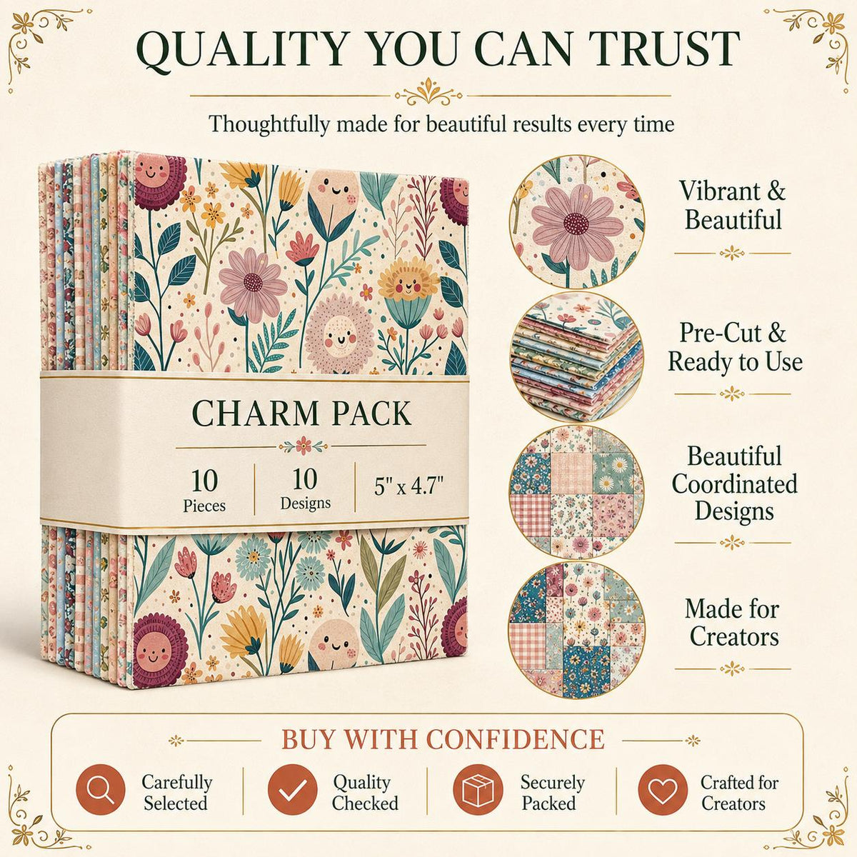 10pcs Charm Pack Set Floral Pattern Vintage Style Handmade DIY with Rich Color and Texture Elements 100% Polyester Patchwork in 10 Design Styles Suitable for Patchwork DIY Craft Projects DIY Wallet Making Gift Giving Bag Making Mother's Day Gift