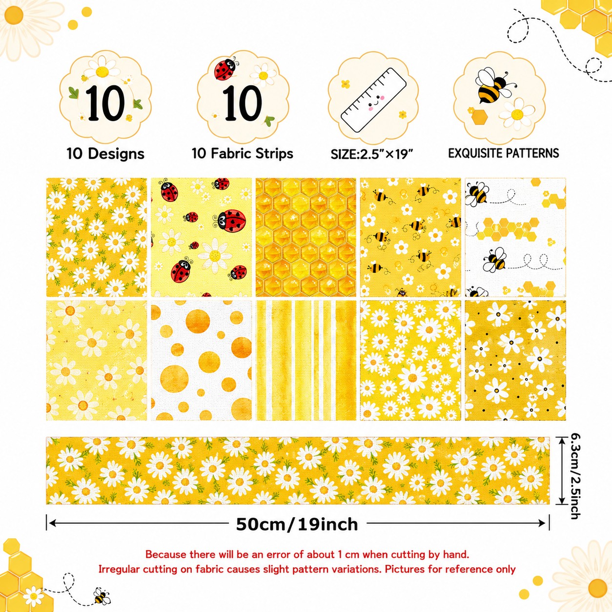 10Pc/Set, Making 10 Images 1pc Each, Each Size: 6.3*50cm Ladybug Bee Spring Daisy Yellow Series Sliced Fabric Set Style Combination, Polyester Jelly Roll Fabric Strips, Pre-Cut Quilting Squares, For Quilting DIY, Handicrafts And Sewing, Blankets, Rugs