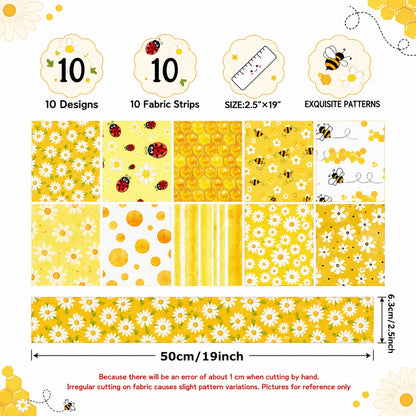 10Pc/Set, Making 10 Images 1pc Each, Each Size: 6.3*50cm Ladybug Bee Spring Daisy Yellow Series Sliced Fabric Set Style Combination, Polyester Jelly Roll Fabric Strips, Pre-Cut Quilting Squares, For Quilting DIY, Handicrafts And Sewing, Blankets, Rugs