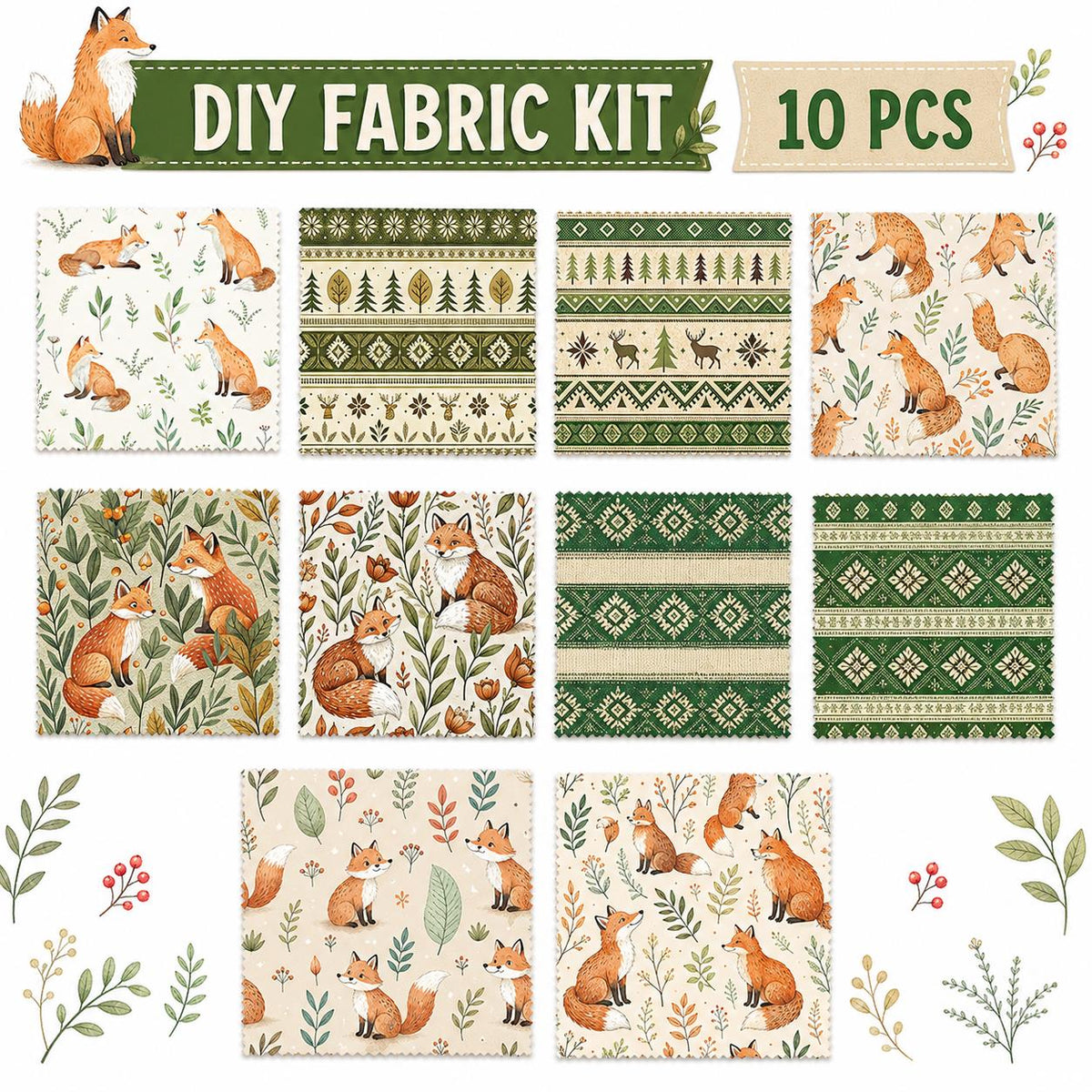 10pcs Charm Pack Set Floral Fox Pattern Vintage Style Handmade DIY with Rich Color and Texture Elements 100% Polyester Patchwork in 10 Design Styles Suitable for Patchwork DIY Craft Projects DIY Wallet Making Gift Giving Bag Making Mother's Day Gift