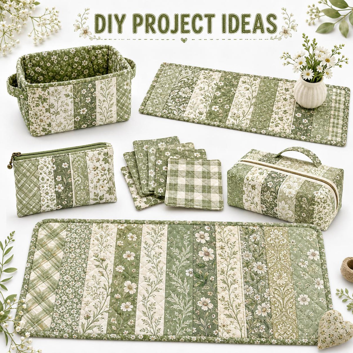 10pcs Vintage Green Floral Pattern Jelly Roll Fabric Strips 2.5X19.7inch Pre-Cut 100% Polyester For Patchwork Quilts, Table Runners, Placemats, Tote Bags, Storage Pouches, Makeup Bags, Coasters, Quilt Blocks & Binding