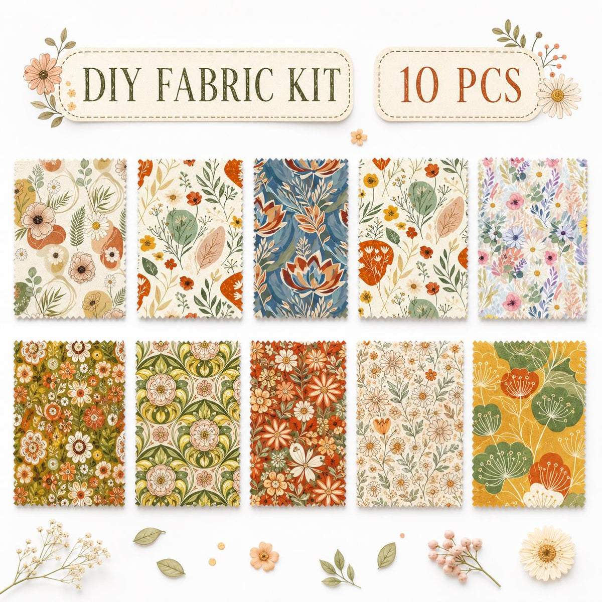 10pcs Charm Pack Set PaInt Splatter Floral Pattern 100% Polyester Patchwork in 10 Design Styles, Ready-To-Sew Without Cutting, Suitable For Patchwork Wallet Making Gift Giving Tote Bags Coasters DIY Craft Projects
