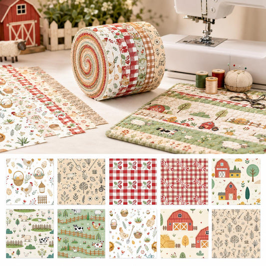 10pcs Vintage Animal Hen Egg Cow Farm Pattern Jelly Roll Fabric Strips 2.5X19.7inch Pre-Cut 100% Polyester For Patchwork Quilts, Table Runners, Placemats, Tote Bags, Storage Pouches, Makeup Bags, Coasters, Quilt Blocks & Binding