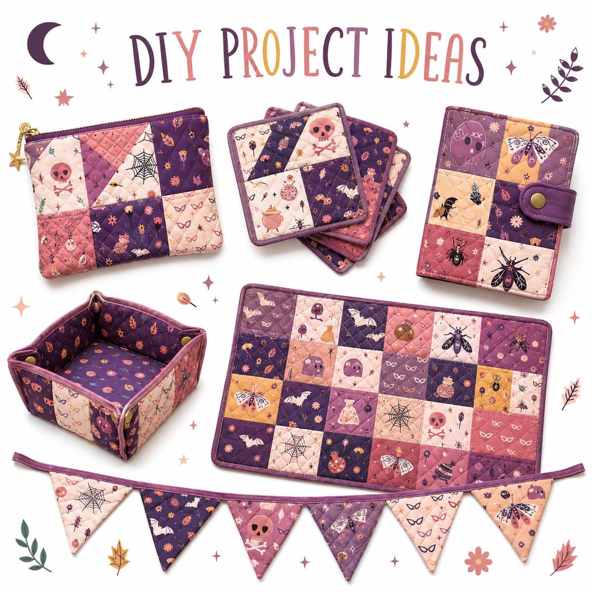 10pcs Charm Pack Set Bat Skull Spider Halloween Pattern Vintage Style Handmade DIY with Rich Color and Texture Elements 100% Polyester Patchwork in 10 Design Styles Suitable for Patchwork DIY Craft Projects DIY Wallet Making Gift Giving Bag Making Mother'