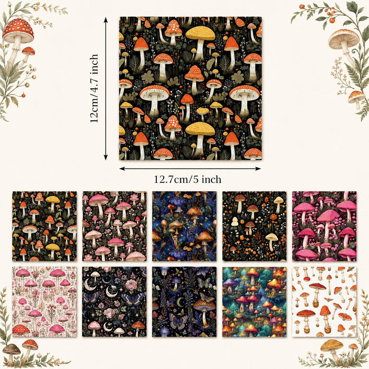 10Pc/Set Mushroom Series Flower Butterfly Cat Strawberry Moon Fat Quarter Fabric, Pre-Cut Square Fabric Assort, Fabric Set, Craft Fabric, Handmade DIY Patchwork Fabric,Home Quilting Sewing Fabric, Packaging Fabric, Scrapbooking Craft Hobbyist