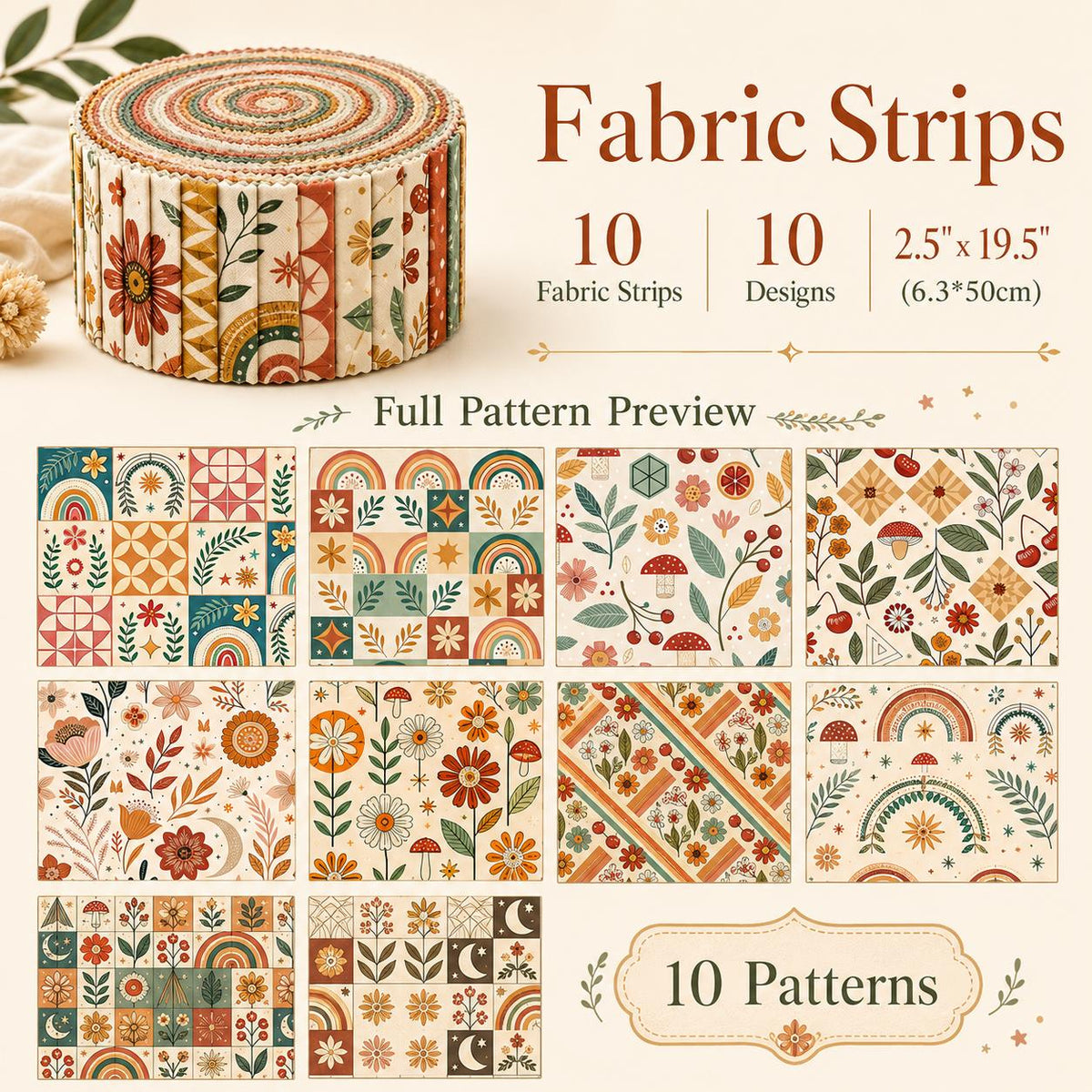 10pcs Vintage Plaid Pumpkin Floral Pattern Jelly Roll Fabric Strips 2.5X19.7inch Pre-Cut 100% Polyester For Patchwork Quilts, Table Runners, Placemats, Tote Bags, Storage Pouches, Makeup Bags, Coasters, Quilt Blocks & Binding