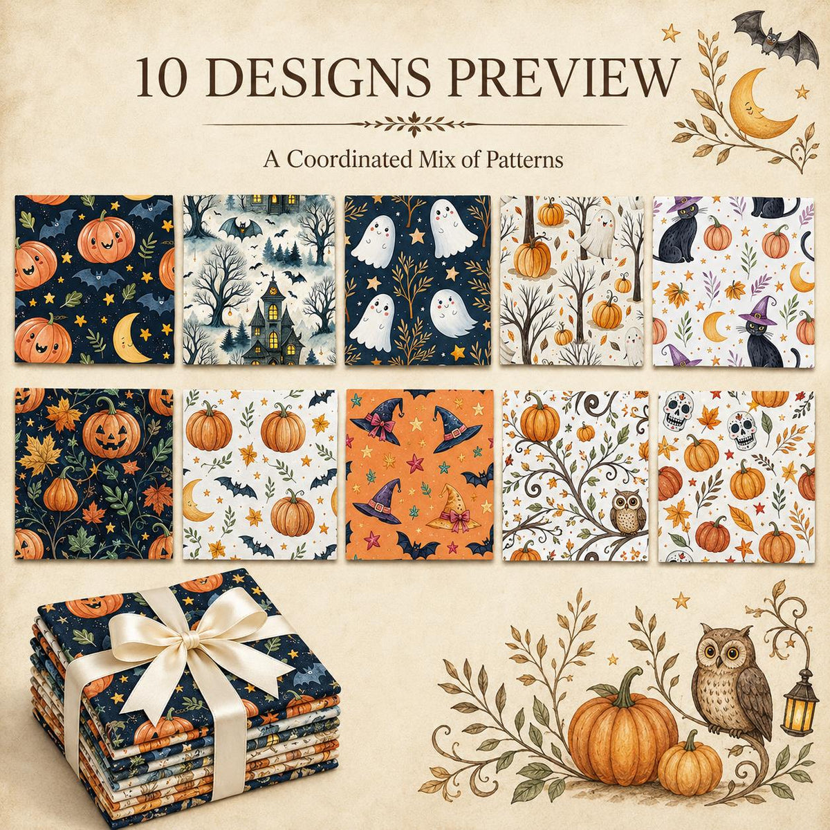 10Pc/Set Halloween Series Owl Skull Pumpkin Cat Moon Fat Quarter Fabric, Pre-Cut Square Fabric Assort, Fabric Set, Craft Fabric, Handmade DIY Patchwork Fabric,Home Quilting Sewing Fabric, Packaging Fabric, Scrapbooking Craft Hobbyist