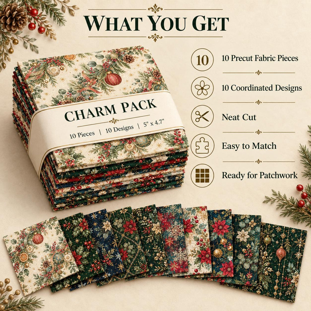 10Pc/Set Christmas Flower Series Star Holly Pinecones  Fat Quarter Fabric, Pre-Cut Square Fabric Assort, Fabric Set, Craft Fabric, Handmade DIY Patchwork Fabric,Home Quilting Sewing Fabric, Packaging Fabric, Scrapbooking Craft Hobbyist