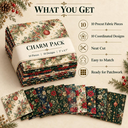 10Pc/Set Christmas Flower Series Star Holly Pinecones  Fat Quarter Fabric, Pre-Cut Square Fabric Assort, Fabric Set, Craft Fabric, Handmade DIY Patchwork Fabric,Home Quilting Sewing Fabric, Packaging Fabric, Scrapbooking Craft Hobbyist