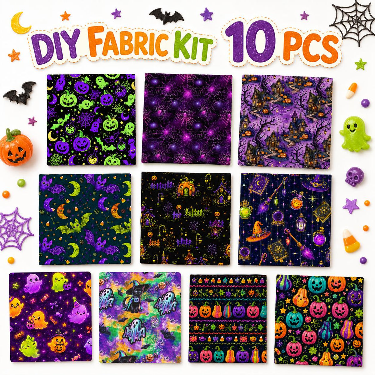 10pcs Charm Pack Set Pumpkin Ghost Halloween Pattern Vintage Style Handmade DIY with Rich Color and Texture Elements 100% Polyester Patchwork in 10 Design Styles Suitable for Patchwork DIY Craft Projects DIY Wallet Making Gift Giving Bag Making Mother's D